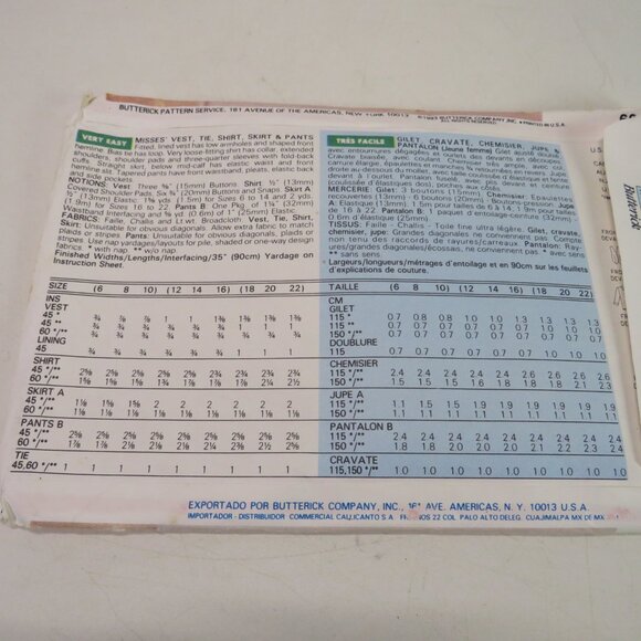 butterick 6682 vest, necktie, shirt, pants, skirt UNCUT EASY sewing pattern - Picture 7 of 8